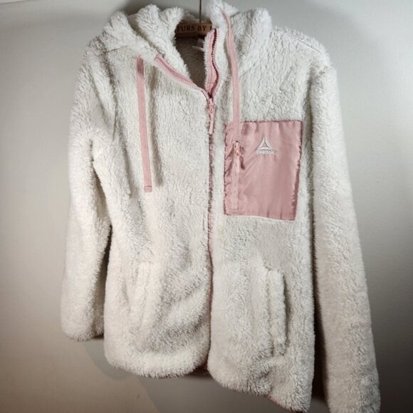 Reebok faux fur white and pink‎ sherpa hooded zippered sweater size medium warm - Picture 1 of 10
